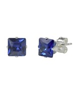 Sterling Silver Square Blue Sapphire CZ Stud Birthstone Earrings Prong Set - £3.05 GBP