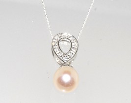 Freshwater Pearl Necklace Clear CZ Teardrop Necklace .925 Sterling Silver, 18&quot; - £19.65 GBP