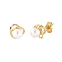 14k Yellow Gold Pearl Stud Earrings with Swirl Design 6mm - £29.05 GBP