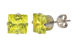 Square Peridot Cubic Zirconia Stud Earrings August Birthstone .925 Silver Prong - £3.60 GBP