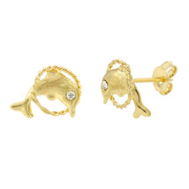 10k Yellow Gold Stud Earrings Jumping Dolphin 10mm x 8mm - £20.75 GBP