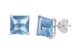 Square Blue Topaz CZ December Birthstone Stud Earrings .925 Silver Basket Set - £4.70 GBP