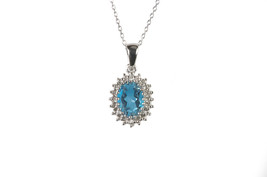 Sterling Silver Blue Topaz and Diamond Necklace (.01ct) Oval Pendant Nec... - £29.59 GBP