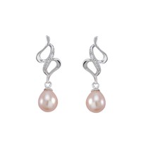 Dangle Earrings Pink Pearl Abstract Swirl Design White CZ .925 Sterling Silver - $30.99