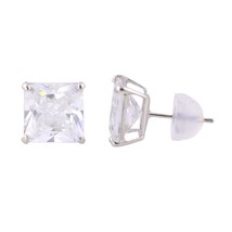 14k White Gold Princess Cut Square CZ Stud Earrings Basket Safety Silicone Backs - £18.75 GBP+