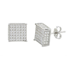 Sterling Silver Micro Pave Stud Earrings Clear Square 3d Sidestones 10mm x 10mm - £19.05 GBP