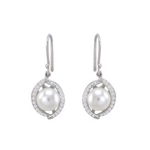 925 Sterling Silver White Freshwater Pearl Dangle Earrings w/ Glitzy CZ Frame - £19.97 GBP