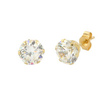14k Yellow Gold 6 Prong White Cubic Zirconia Stud Earrings Round CZ Pushbacks - £37.99 GBP+