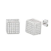 Sterling Silver Micro Pave Stud Earrings Square Cube 3d Sidestones 8mm x 8mm - £19.56 GBP