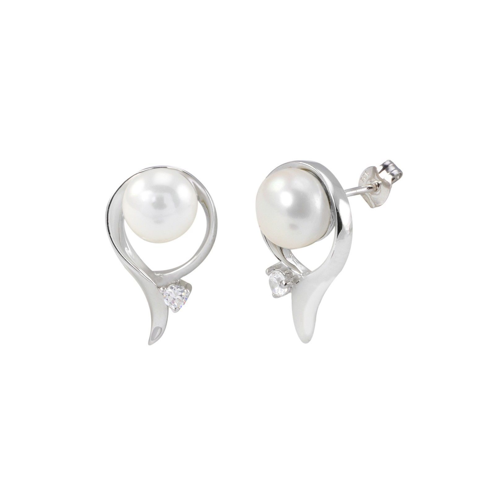 925 Sterling Silver White Freshwater Pearl Earrings High Polish Single CZ - $25.99