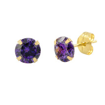 14k Yellow Gold Purple Amethyst Cubic Zirconia Stud Earrings Round Birthstone CZ - £8.61 GBP+
