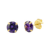 14k Yellow Gold Purple Amethyst Cubic Zirconia Stud Earrings Round Birth... - £8.45 GBP+