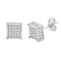 Sterling Silver Micro Pave Stud Earrings Clear Square 3d Sidestones 8mm x 8mm - £15.14 GBP