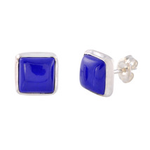925 Sterling Silver Gemstone Stud Earrings Blue Lapis 9mm Square - £11.41 GBP