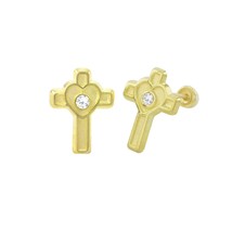 10k Yellow Gold Cross with Heart Stud Earrings Screwbacks White Cubic Zirconia - £16.72 GBP