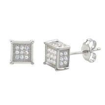 Sterling Silver Micropave Stud Earrings Clear Square 3d Sidestones 7mm x 7mm - £13.88 GBP
