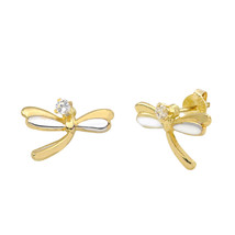 10k Gold Dragonfly Stud Earrings Two Tone Gold Yellow and White Pushback... - $24.79