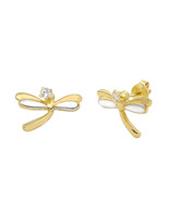 10k Gold Dragonfly Stud Earrings Two Tone Gold Yellow and White Pushback... - £19.75 GBP