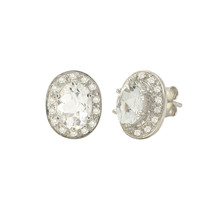 White Topaz Gemstone Stud Earrings Sterling Silver Oval Micropave CZ Accent - £23.24 GBP