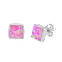 7mm Pink Square Opal Gemstone Earrings Studs Sterling Silver - £11.34 GBP