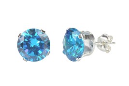 Blue Topaz CZ December Birthstone Earrings Sterling Silver Studs Round Prong Set - $4.36