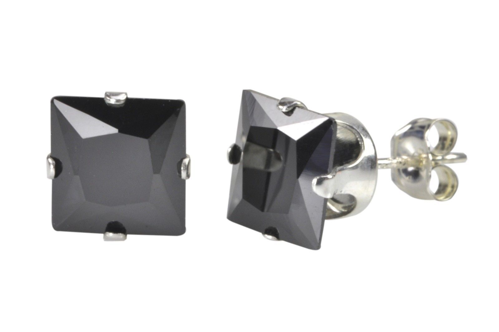 Black Square Cubic Zirconia Stud Earrings CZ Prong Set 925 Sterling Silver - £3.55 GBP - £6.72 GBP