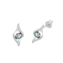 Elegant Black Pearl Stud Earrings with 2 Row Frame White CZ .925 Sterling Silver - £20.47 GBP