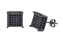 Sterling Silver Black CZ Micropave Stud Earrings 3d Square 9mm x 9mm - £15.24 GBP