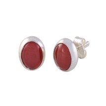 Red Carnelian Stud Earrings .925 Sterling Silver Gemstone 7mm x 9mm Oval - £11.38 GBP