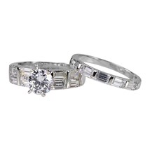 Sterling Silver 7mm Cubic Zirconia Round CZ Engagement Ring &amp; 3mm Band Rhodium - £21.22 GBP