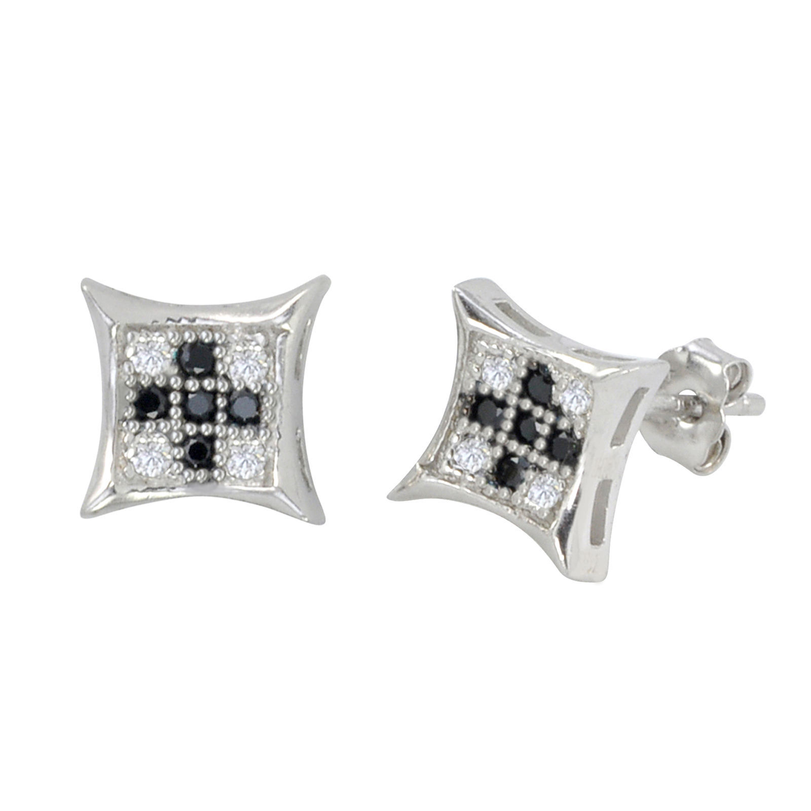 Primary image for Sterling Silver Micropave Stud Earrings Black and White Kite Shaped 8mm x 8mm
