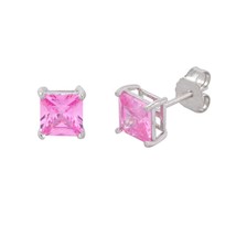 Square Pink CZ October Birthstone Stud Earrings .925 Sterling Silver Basket Set - £8.65 GBP