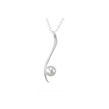 White Pearl Necklace on High Polished Curved Bar .925 Sterling Silver, 18" Chain - $23.99