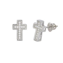 Cross Screwback Earrings Sterling Silver Pave CZ Cubic Zirconia 11mm - £15.62 GBP