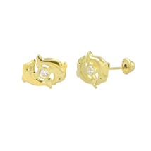 10k Yellow Gold Double Dolphin Stud Earrings Screwbacks Clear Cubic Zirc... - £16.21 GBP