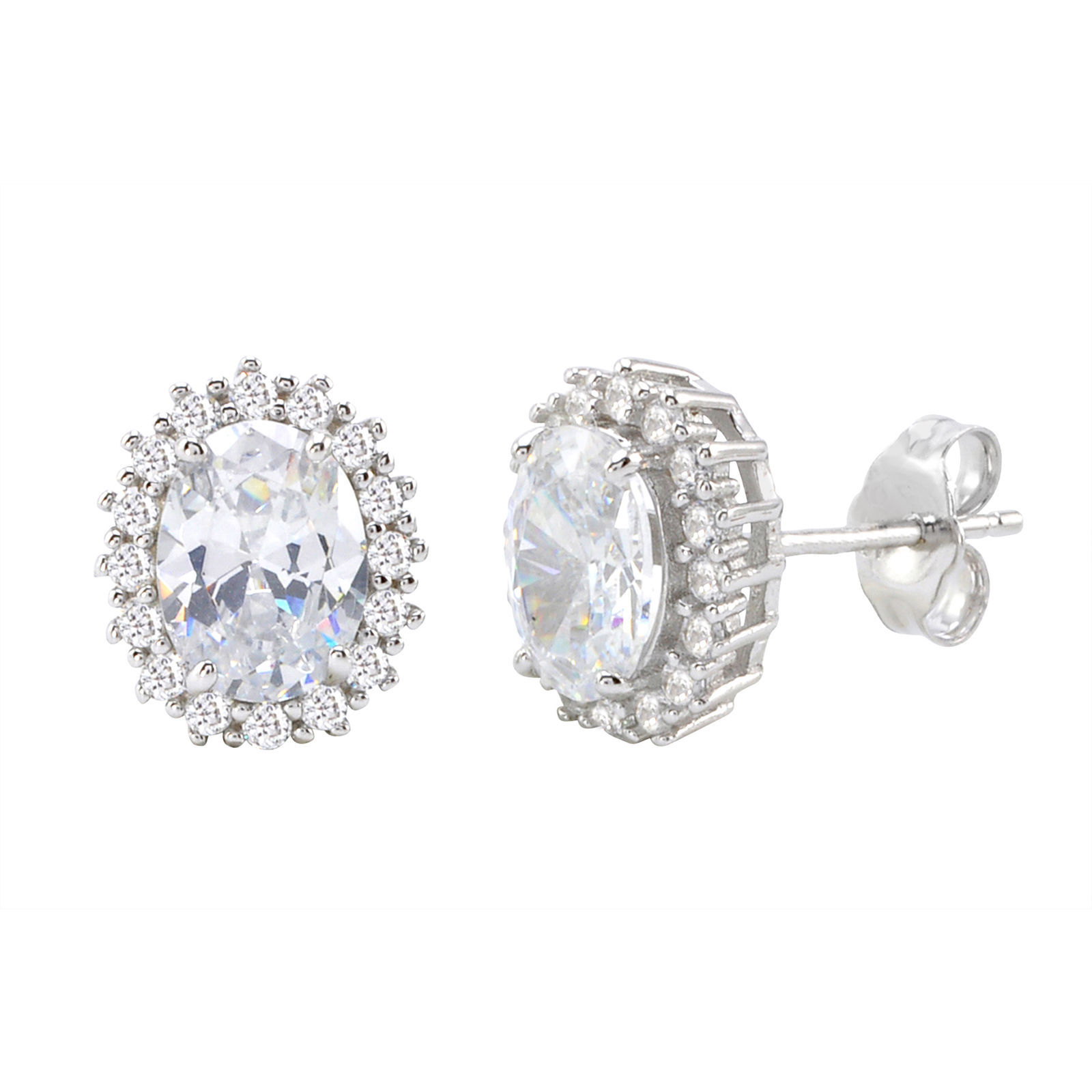 Sterling Silver Halo Oval Cubic Zirconia Stud Earrings Micropave 11mm x 10mm - $22.11