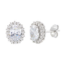 Sterling Silver Halo Oval Cubic Zirconia Stud Earrings Micropave 11mm x 10mm - £17.67 GBP