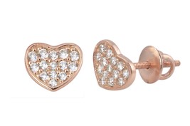 Rose Gold Cubic Zirconia Heart Stud Earrings Screwbacks Clear CZ 925 Silver 6mm - £13.03 GBP