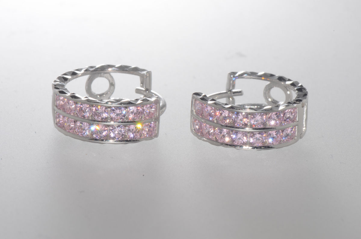 Sterling Silver Pink CZ Hoop Earrings 2 Row Cubic Zirconia CZ 14mm x 6mm - £16.61 GBP