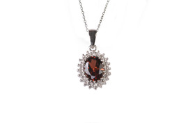 Sterling Silver Garnet and Diamond Necklace (.01ct) Oval Pendant Necklace - £28.47 GBP