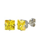 Citrine Square Cubic Zirconia Stud Earrings 925 Silver November Birthstone Prong - £3.61 GBP