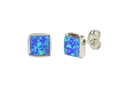 Navy Blue Green Opal Gemstone Studs 925 Sterling Silver Earrings 7mm Square - £11.38 GBP
