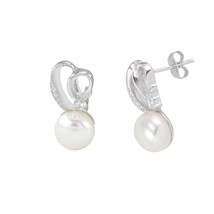 Sterling Silver White Freshwater Pearl Stud Earrings Abstract CZ Heart Design - $15.99