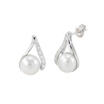 925 Sterling Silver White Freshwater Pearl Earrings Wishbone CZ Design - $23.99