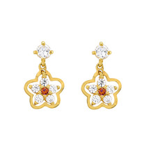 Sterling Silver Flower Dangle Earrings Ruby and White Cubic Zirconia Gol... - $22.90