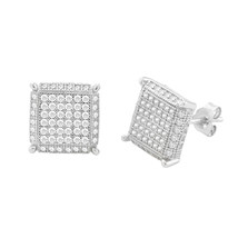 Sterling Silver Stud Earrings Clear Micropave 3d Square 4 Corner Accents 10mm - £15.77 GBP
