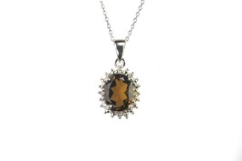 Stunning 925 Sterling Silver Diamond and Smoky Quartz Necklace 16mm Oval - $33.74