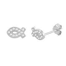 Sterling Silver Christian Fish Stud Earrings Micropave CZ 7mm x 4mm - £6.78 GBP