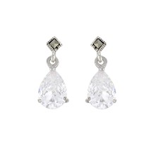 Sterling Silver Marcasite Earrings with White CZ Cubic Zirconia Teardrop - £16.60 GBP