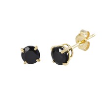 Round Black Onyx Stud Earrings 14k Yellow Gold Basket Set - £47.94 GBP